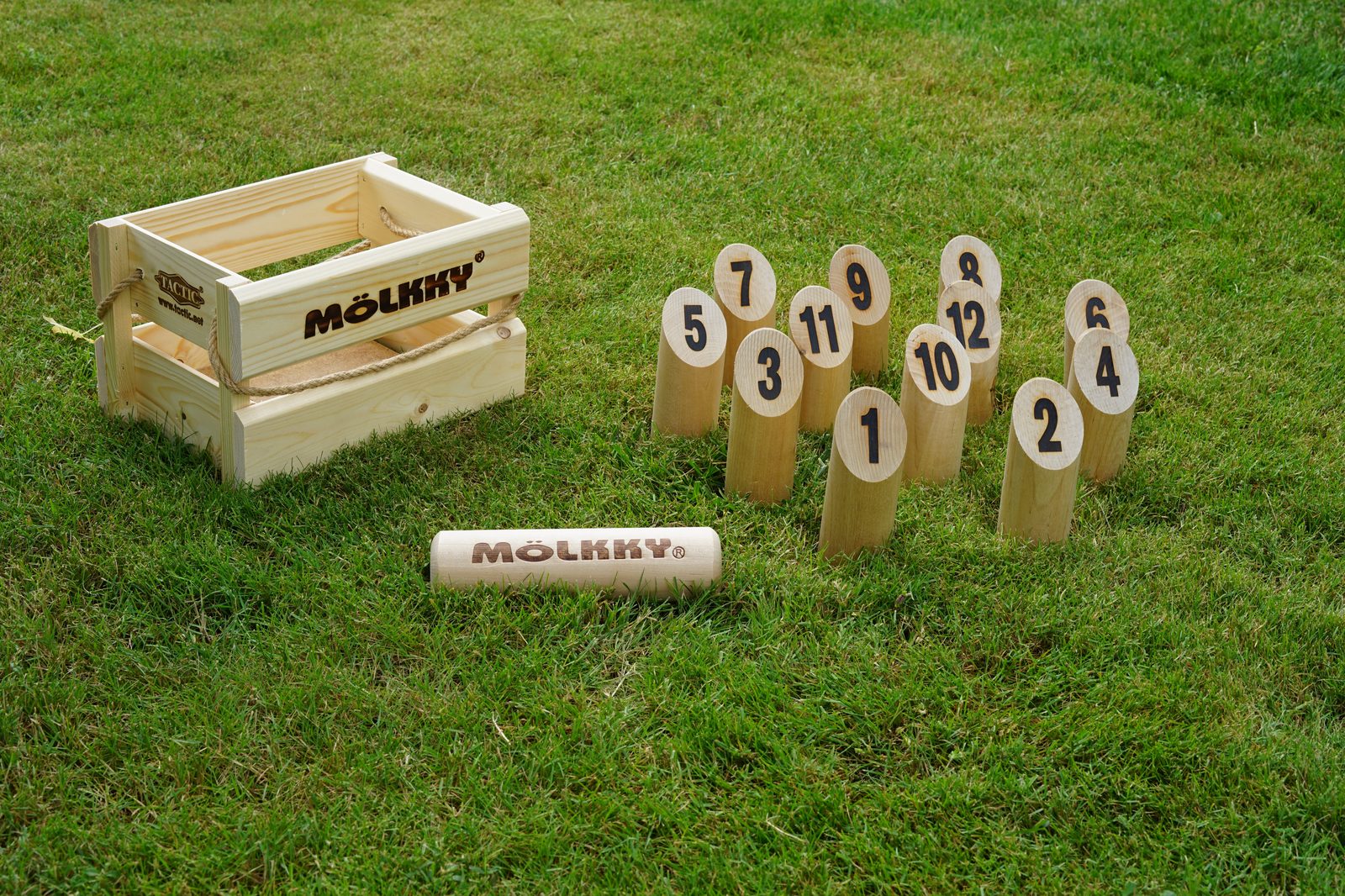 Mölkky-Set mit zwölf nummerierten Holzkegeln, Wurfholz und Holzkiste auf einer Wiese